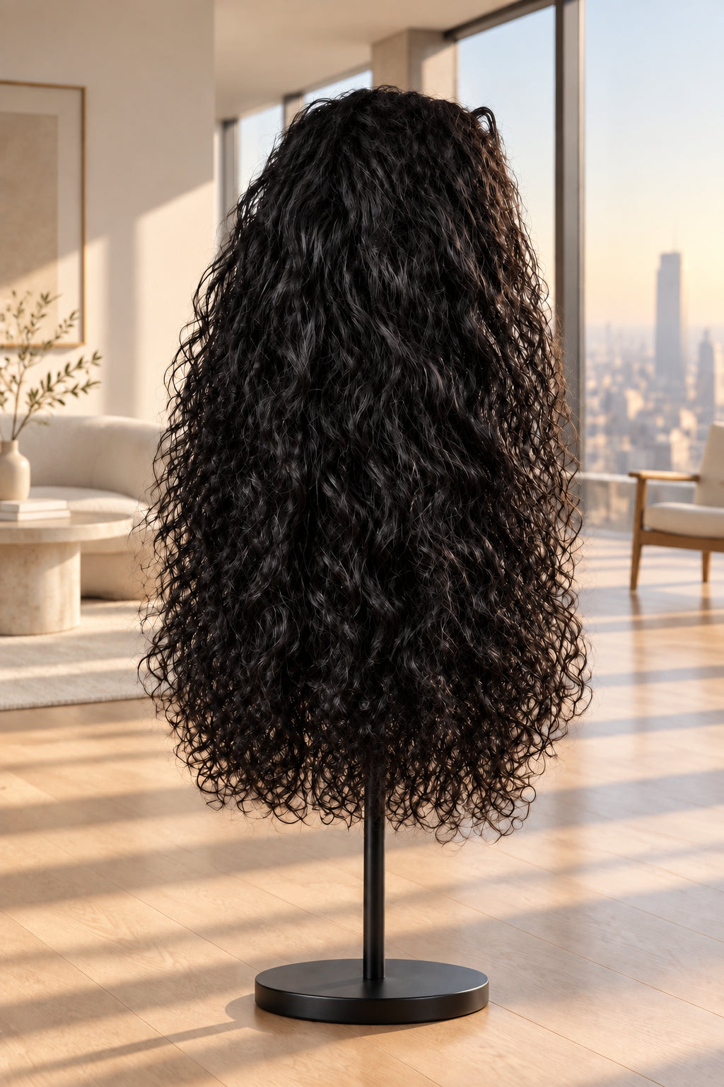 A long, dark brown to black wavy wig displayed on a wooden stand against a white textured wall.