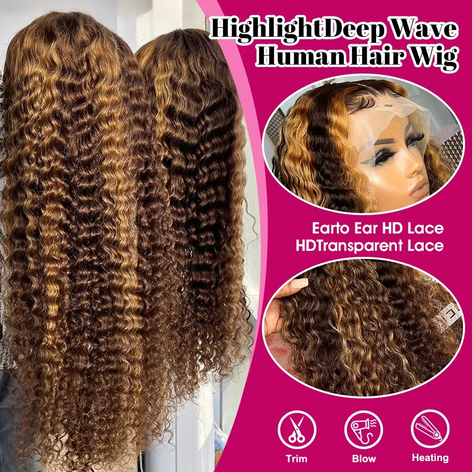 4/27 Highlight 220density Ombre Water Wave HD Lace Front Wig Glueless - OSASCO
