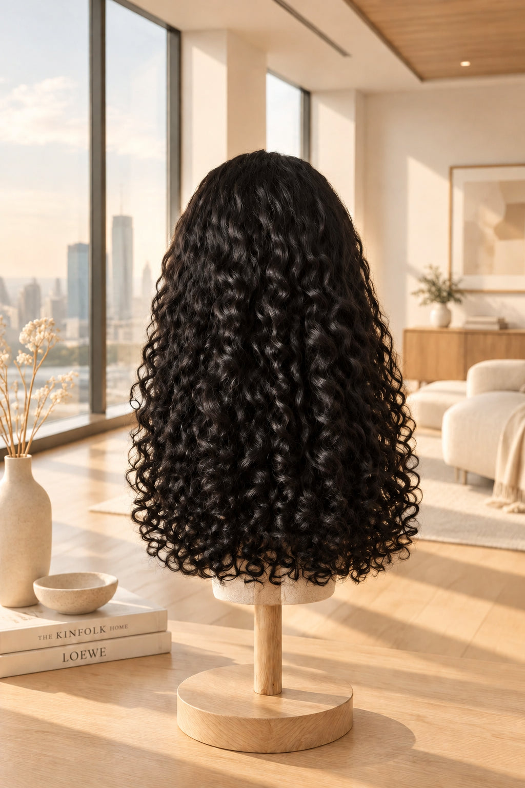 A long, dark brown to black curly wig displayed on a wooden stand against a white textured wall.