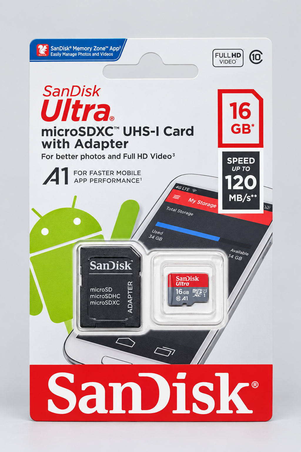 Sandisk microSDXC UHS-1 Card 16GB card in its original retail packaging, featuring a black adapter and the microSD card inside a blister pack.