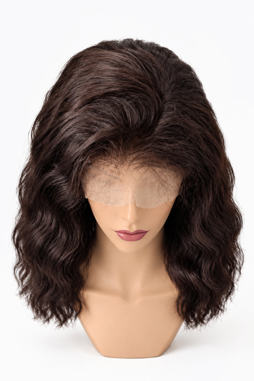 A short, dark brown wig with layered bangs displayed on a mannequin head, set against an indoor background.
