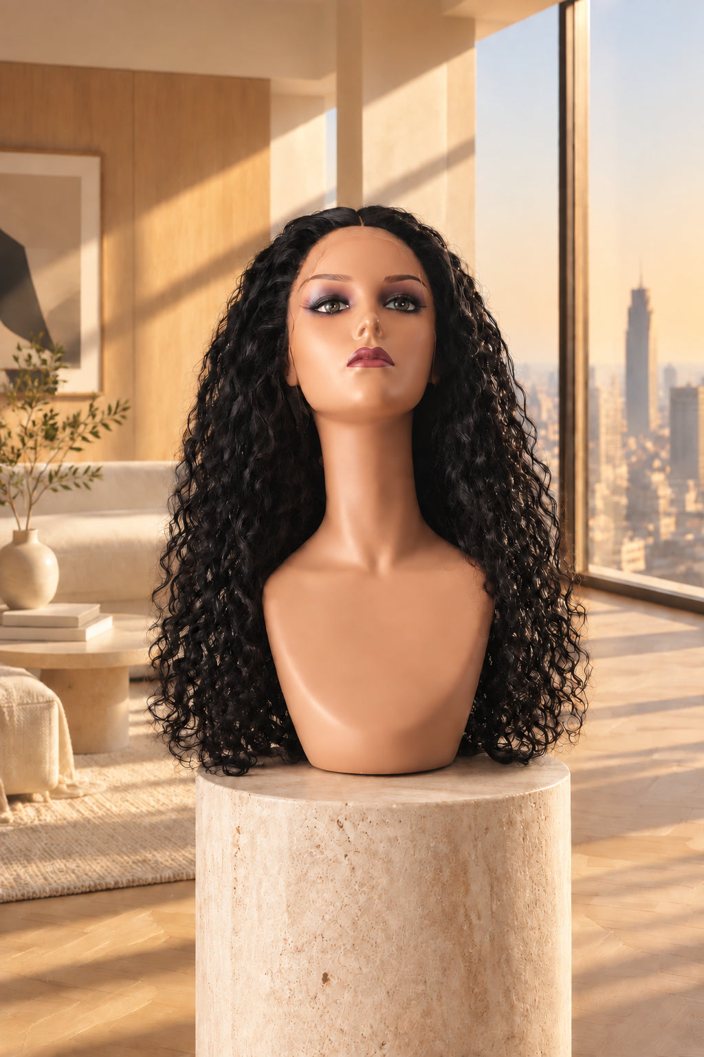 A long, curly wig displayed on a mannequin head stand against a white patterned wallpaper background.