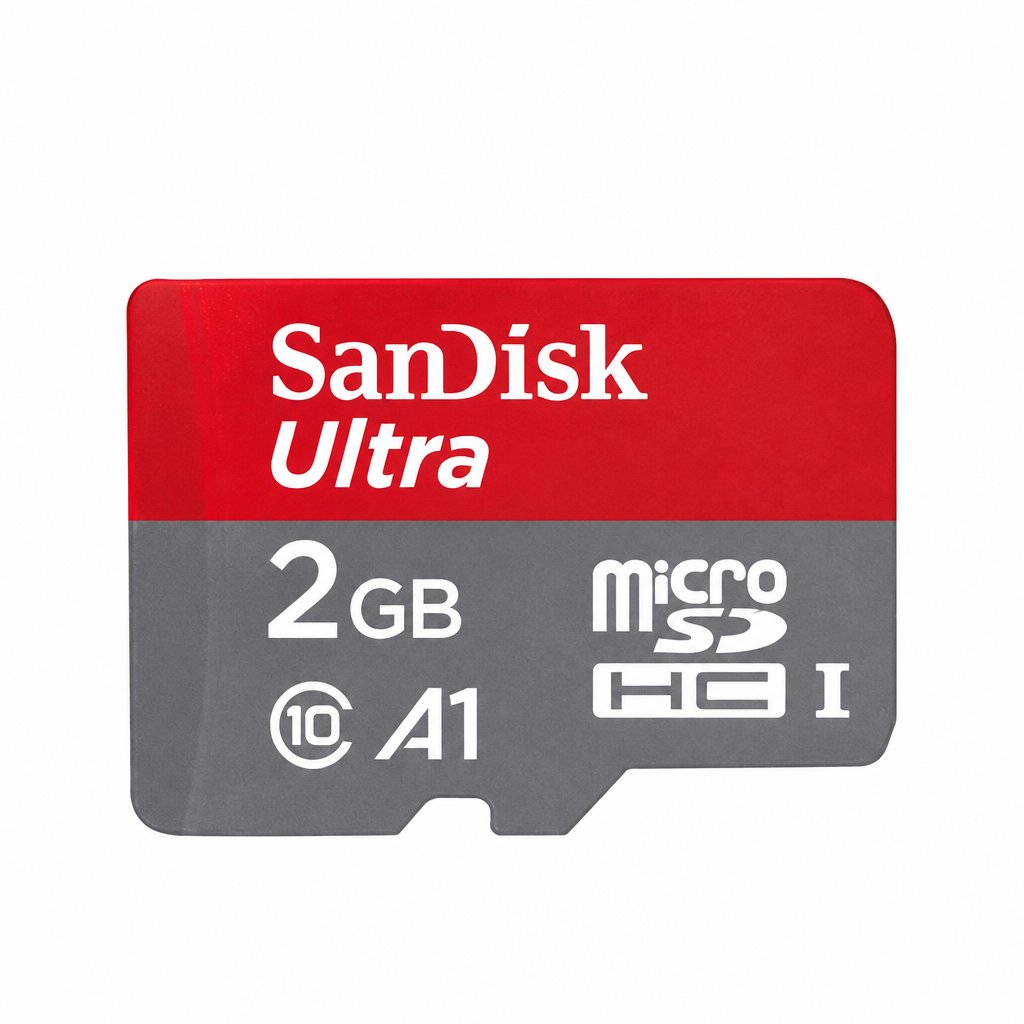 A SanDisk Ultra 2GB microSDHC (Class 10, A1) memory card shown on a plain white background. The card features a dual-color design with a red top half and a gray bottom half, both printed with white text.