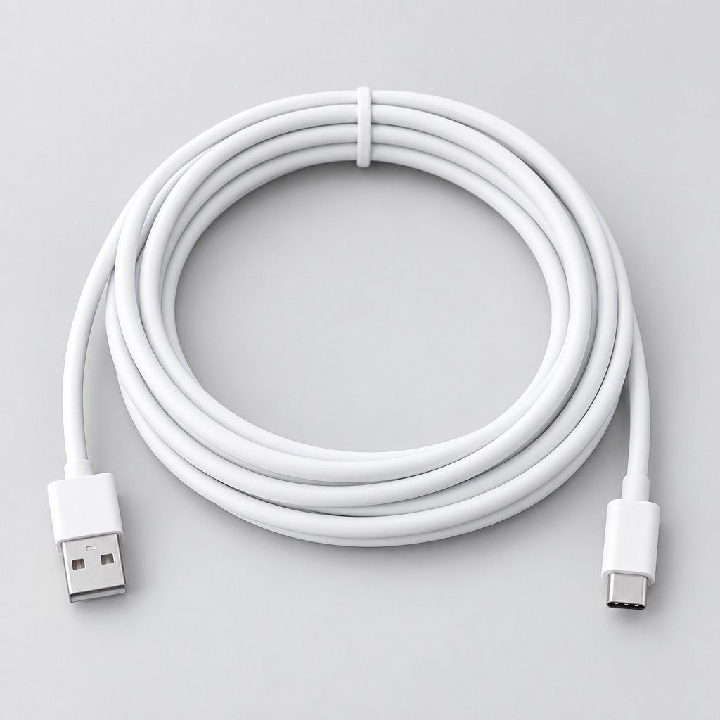 White USB cable on a white background