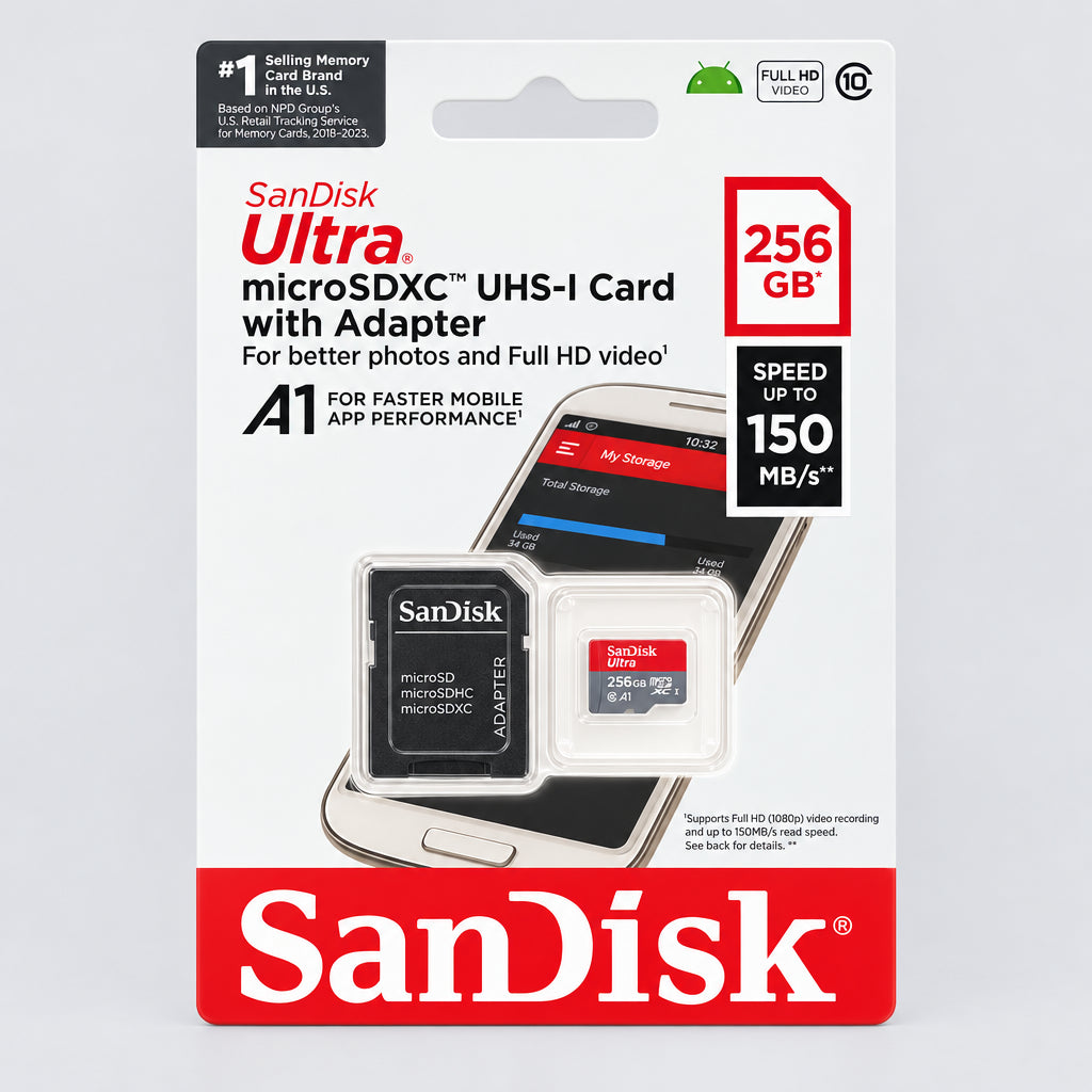 SanDisk Ultra microSDXC UHS-1 Card with Adapter in retail packaging, shown as 256 GB with a speed rating of 150 MB/s, featuring a smartphone graphic and a sample microSD card on a white background.